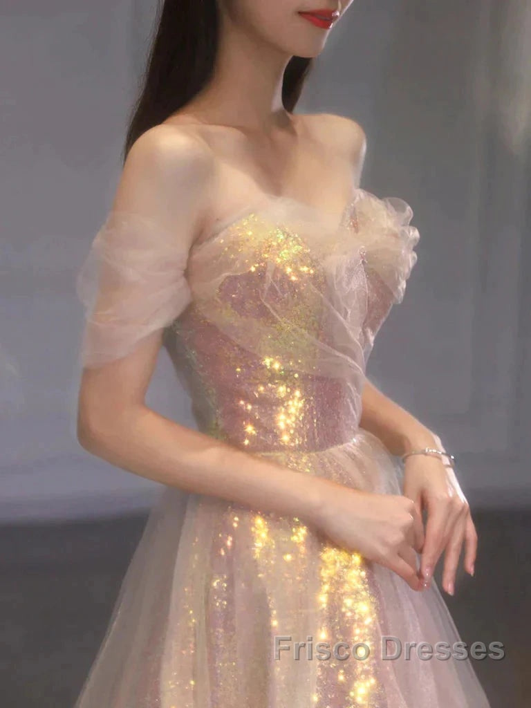 Gold Sparkle A Line Tulle Sequin Long Formal Prom Dress