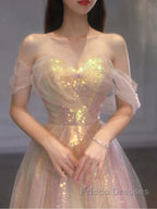 Gold Sparkle A Line Tulle Sequin Long Formal Prom Dress
