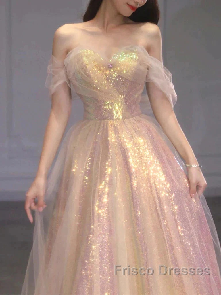 Gold Sparkle A Line Tulle Sequin Long Formal Prom Dress