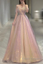 Gold Sparkle A Line Tulle Sequin Long Formal Prom Dress