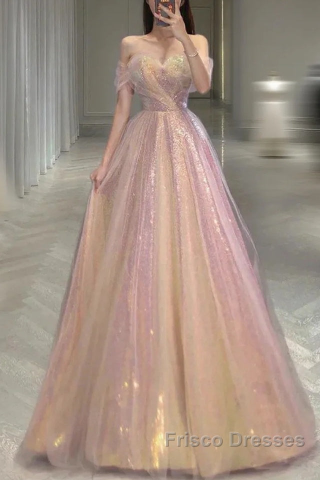 Gold Sparkle A Line Tulle Sequin Long Formal Prom Dress