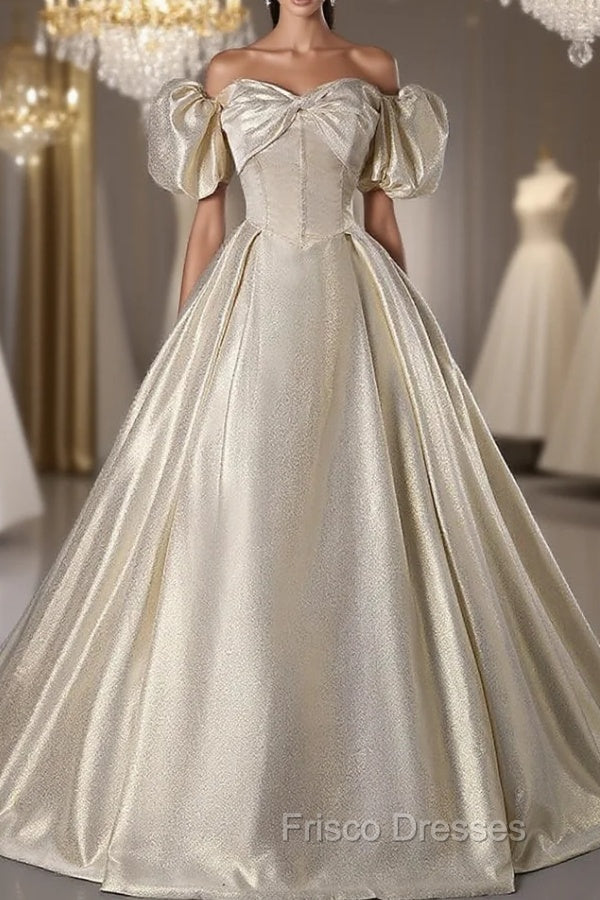 Gold Strapless Puff Sleeve Pleats Quinceanera Dress
