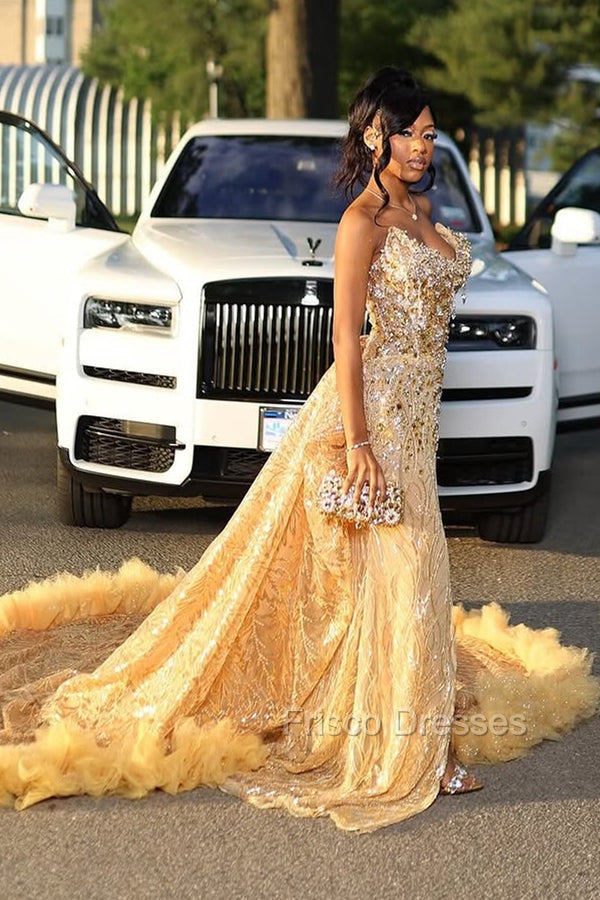 Gold Sweetheart Beaded Sparkles Court Train Flowers Prom Dresses Secondary image