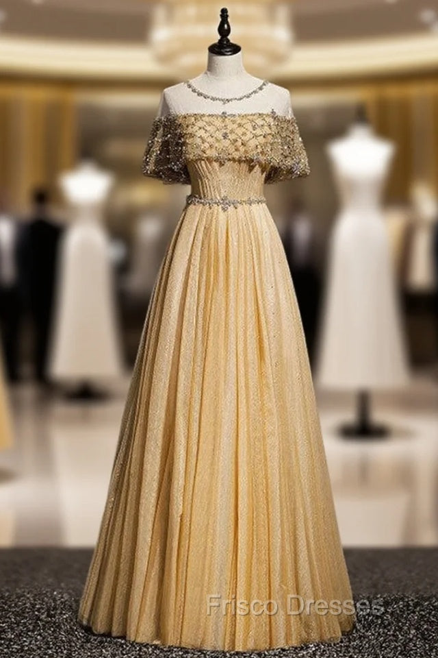 Gold Tulle Beading Sequins Lotus Leaf Sleeve Formal Prom Dress