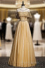 Gold Tulle Beading Sequins Lotus Leaf Sleeve Formal Prom Dress
