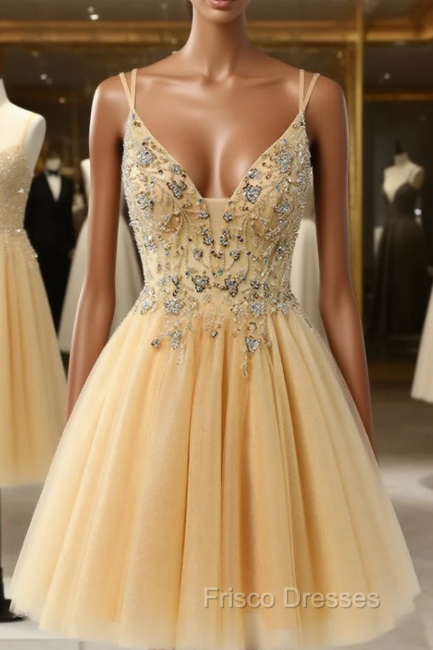 Gold Tulle Double Straps Beading Sequins Homecoming Dress