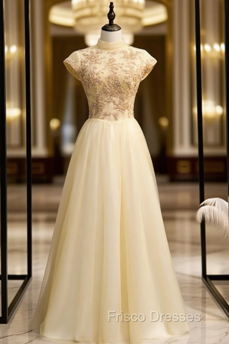 Gold Tulle High Neck Beading Open Back Formal Prom Dress