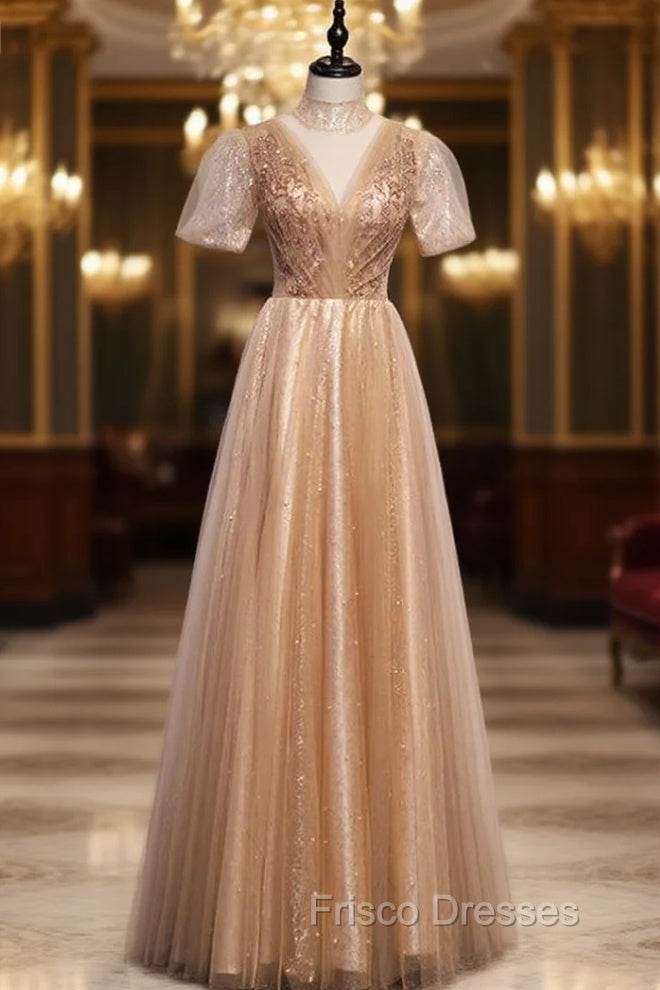 Gold Tulle High Neck Short Sleeve Beading Formal Prom Dress Main image