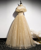 Gold Tulle Lace Long Formal Prom Dress Gold Sweet 16 Dress