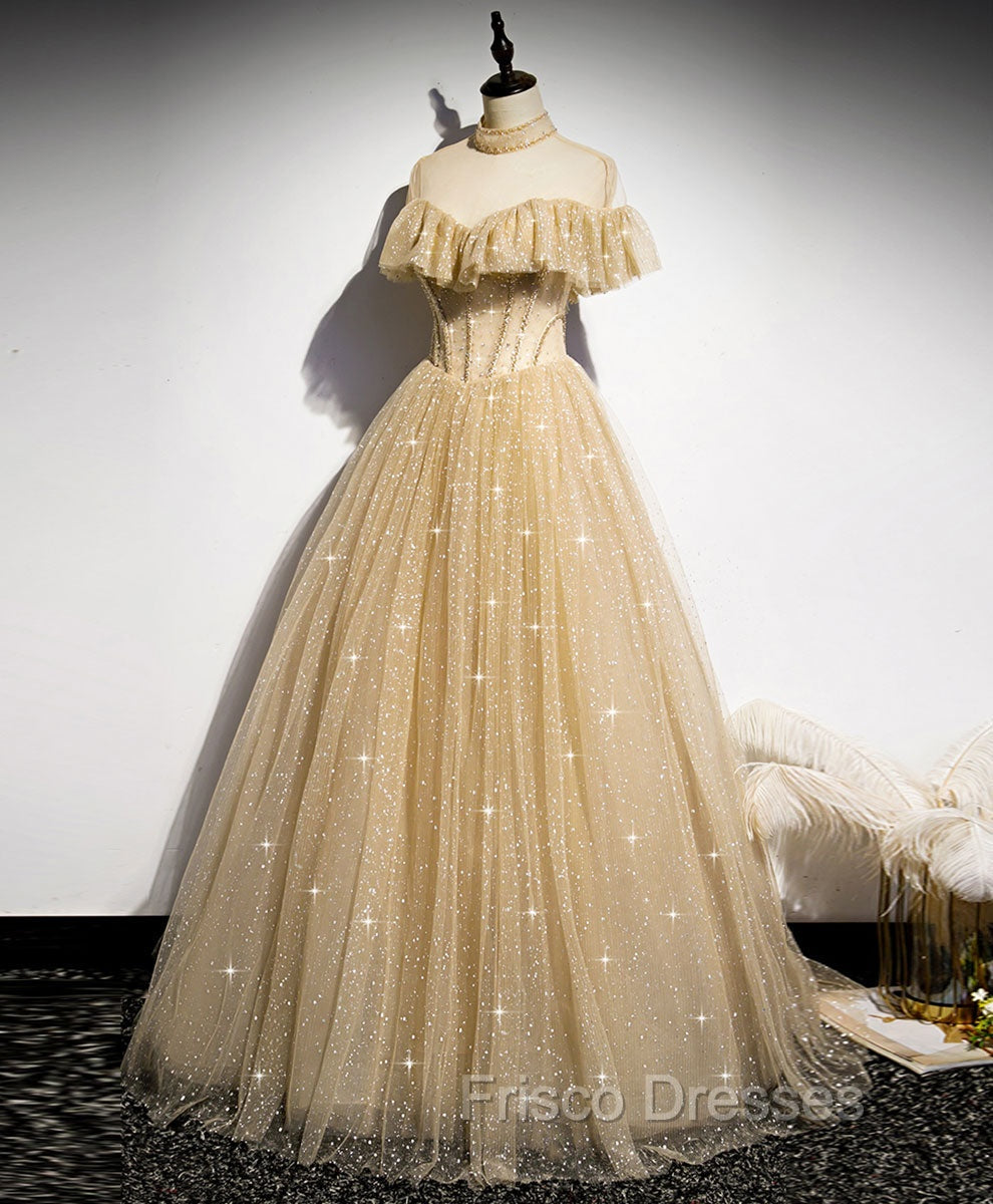 Gold Tulle Lace Long Formal Prom Dress Gold Sweet 16 Dress