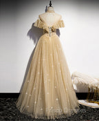 Gold Tulle Lace Long Formal Prom Dress Gold Sweet 16 Dress