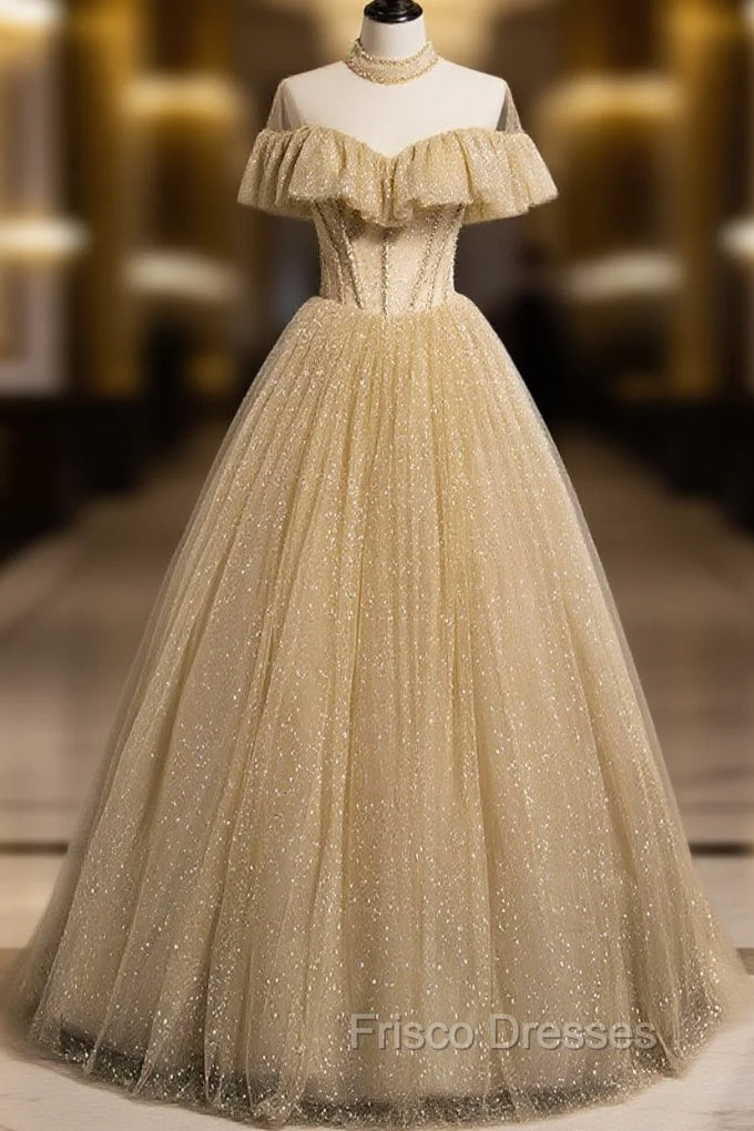 Gold Tulle Lace Long Formal Prom Dress Gold Sweet 16 Dress Main image