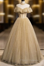 Gold Tulle Lace Long Formal Prom Dress Gold Sweet 16 Dress