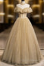 Gold Tulle Lace Long Formal Prom Dress Gold Sweet 16 Dress
