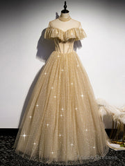 Gold Tulle Lace Long Prom Dress Gold Sweet 16 Dress