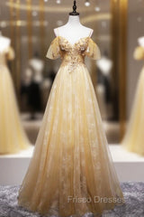 Gold Tulle Lace Sequins Appliques Backless Spaghetti Straps Formal Prom Dress