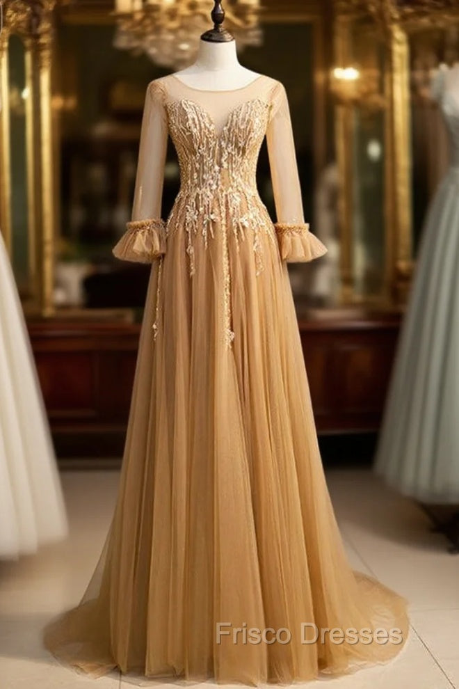 Gold Tulle Long Sleeve Backless Beading Formal Prom Dress