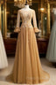 Gold Tulle Long Sleeve Backless Beading Formal Prom Dress