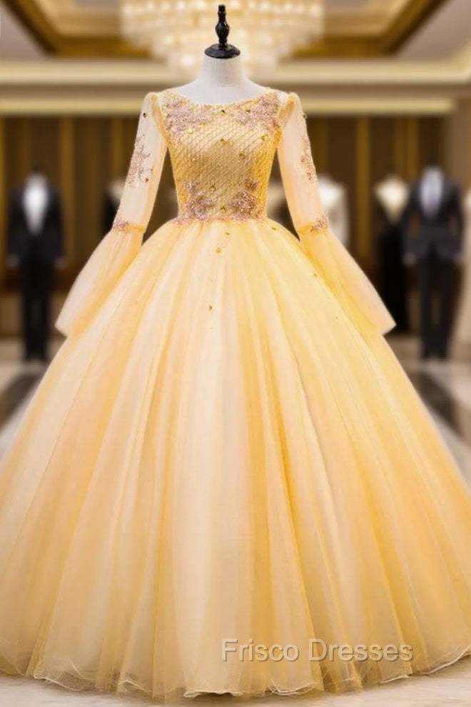 Gold Tulle Long Sleeve Beading Appliques Quinceanera Dress Main image