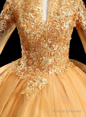 Gold Tulle Long Sleeves Lace Applique Formal Dress, Ball Gown Sweet 16 Dress
