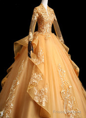 Gold Tulle Long Sleeves Lace Applique Formal Dress, Ball Gown Sweet 16 Dress