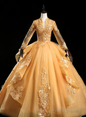 Gold Tulle Long Sleeves Lace Applique Formal Dress, Ball Gown Sweet 16 Dress