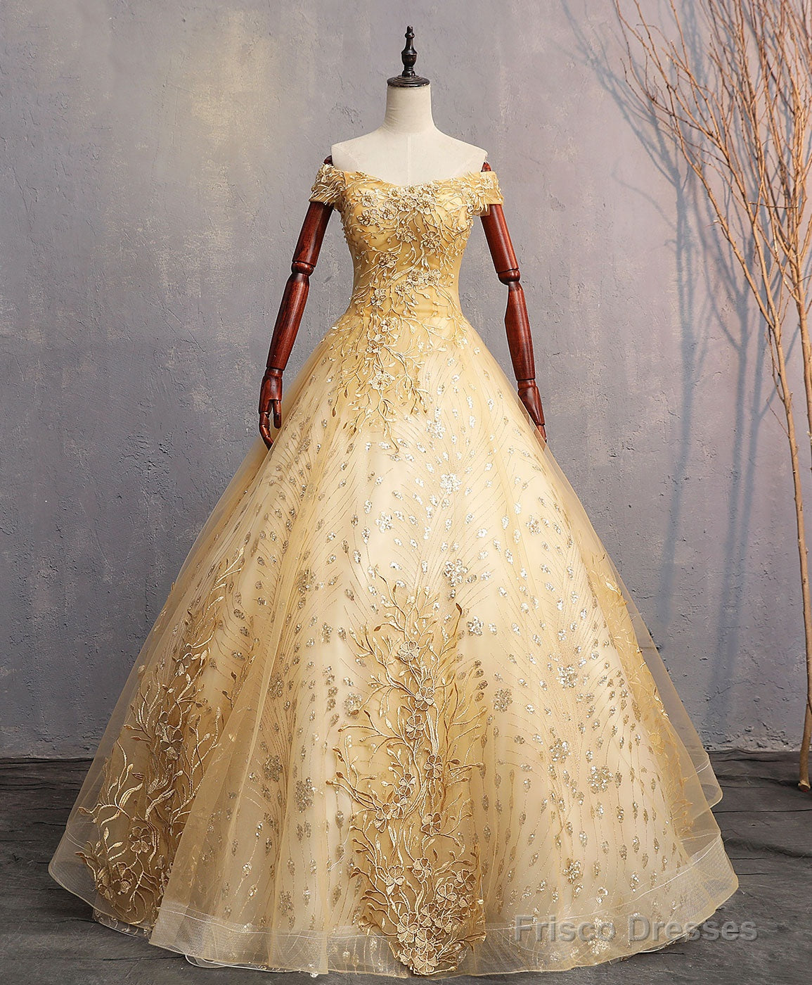 Gold Tulle Off Shoulder Lace Long Prom Dress Tulle Formal Dress Secondary image