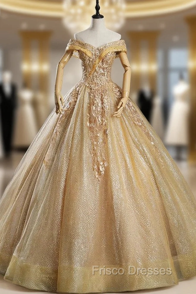 Gold Tulle Off the Shoulder Appliques Beading Quinceanera Dress