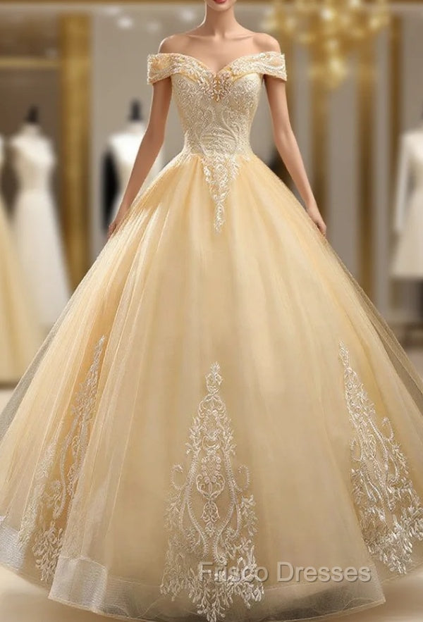 Gold Tulle Off the Shoulder Beading Appliques Quinceanera Dress Main image