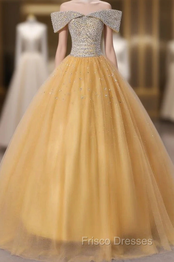 Gold Tulle Off the Shoulder Beading Quinceanera Dress