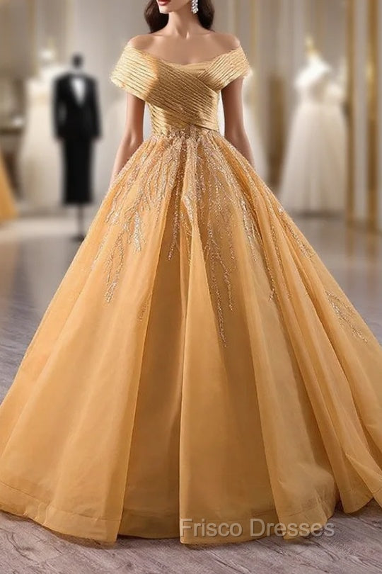 Gold Tulle Off the Shoulder Pleats Formal Prom Dress Main image
