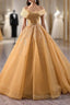Gold Tulle Off the Shoulder Pleats Formal Prom Dress
