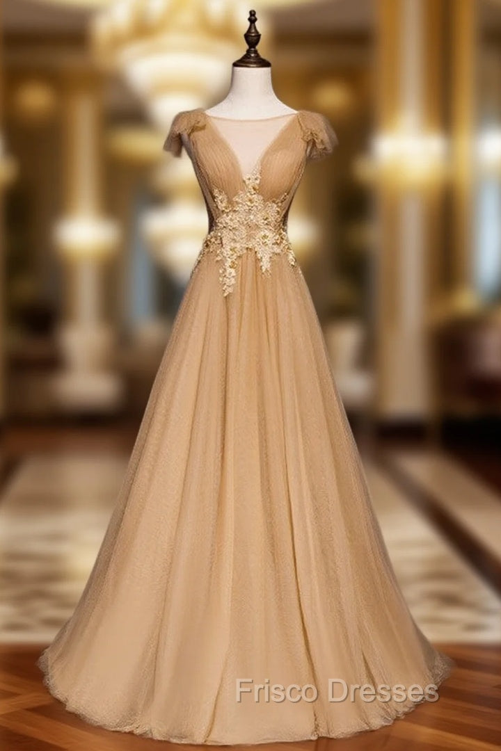 Gold Tulle Pleats Appliques Backless Formal Prom Dress