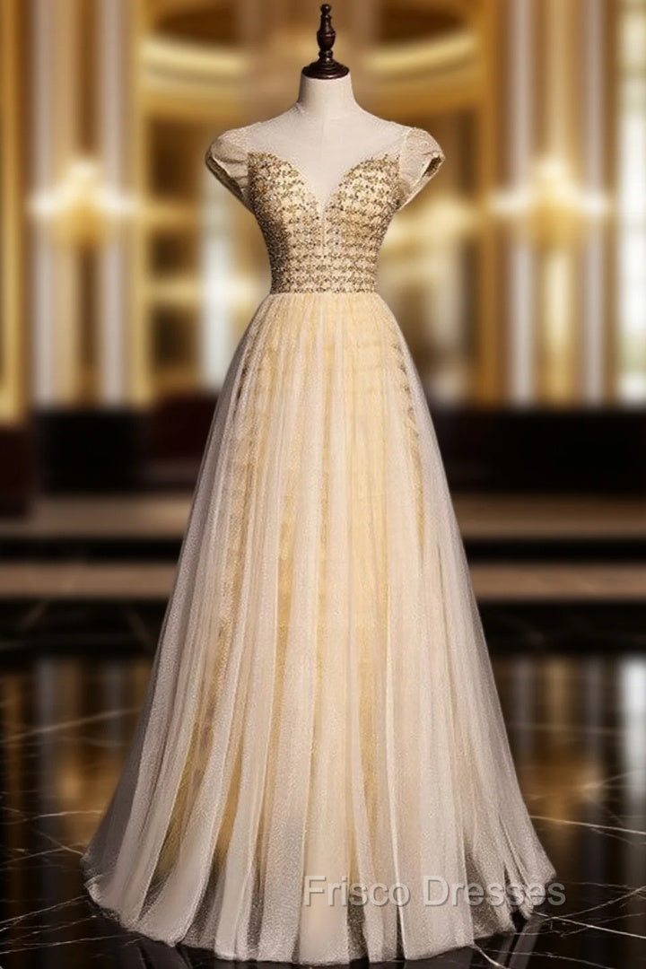 Gold Tulle Puff Sleeve Beading Sequins Backless Formal Prom Dress Main image