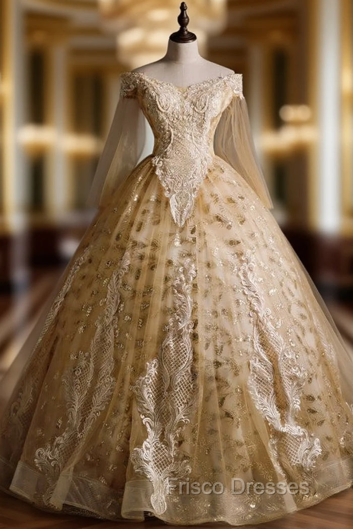 Gold Tulle Sequins Appliques Beading Quinceanera Dress Main image