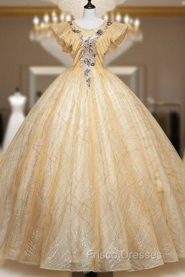 Gold Tulle Sequins Appliques Quinceanera Dress Main image