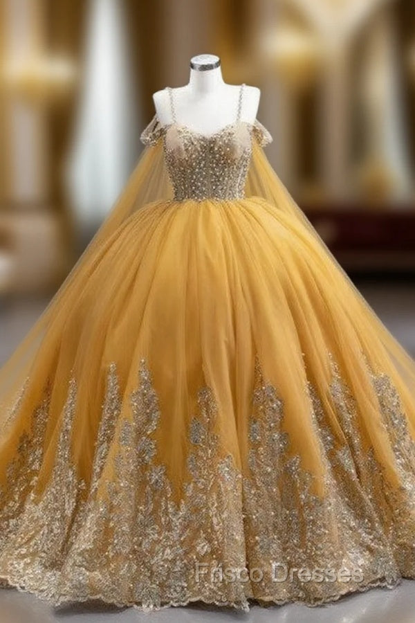 Gold Tulle Sequins Appliques Spaghetti Straps Pearls Formal Prom Dress