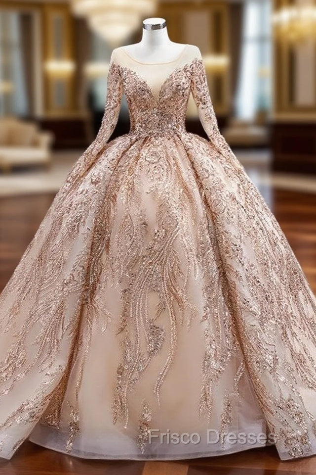 Gold Tulle Sequins Beading Long Sleeve Formal Prom Dress Main image