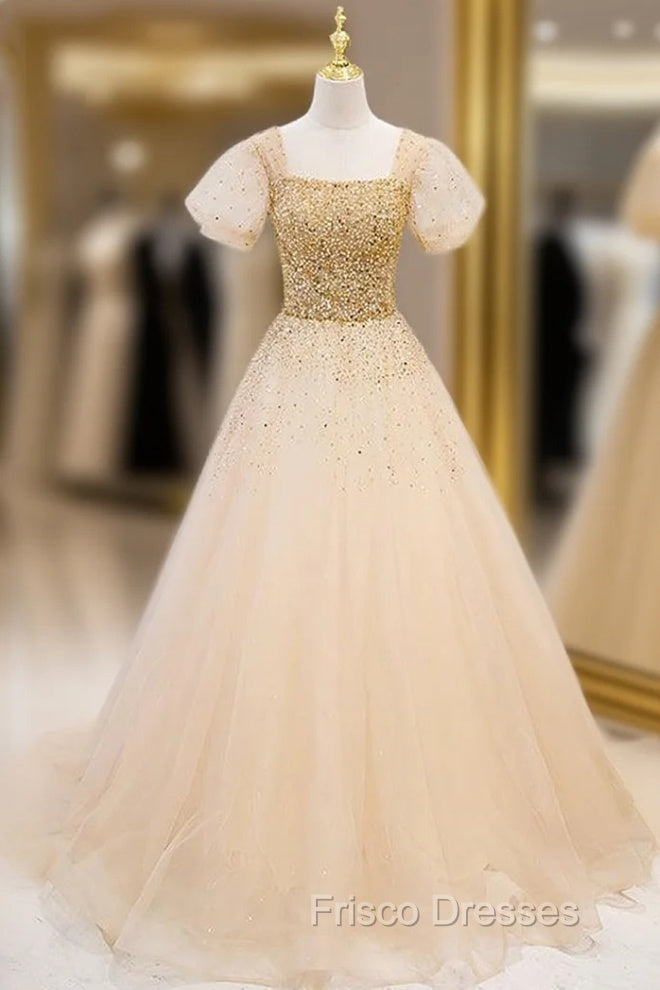 Gold Tulle Sequins Beading Puff Sleeve Formal Prom Dress