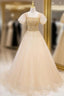 Gold Tulle Sequins Beading Puff Sleeve Formal Prom Dress