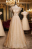 Gold Tulle Sequins Beading Sleeveless Formal Prom Dress