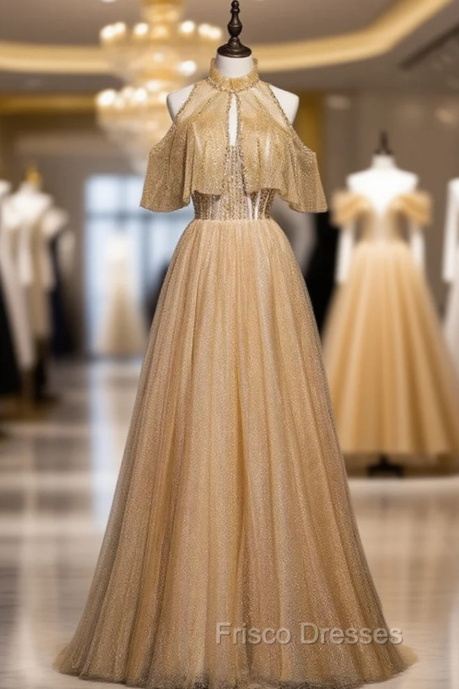 Gold Tulle Sequins Beading Strapless Formal Prom Dress Main image