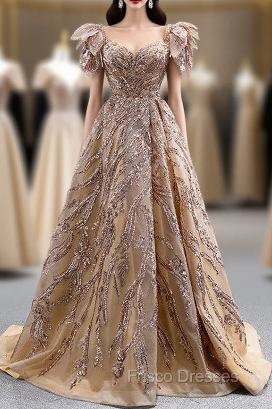 Gold Tulle Sequins Beading V-neck Formal Prom Dress Main image