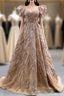Gold Tulle Sequins Beading V-neck Formal Prom Dress