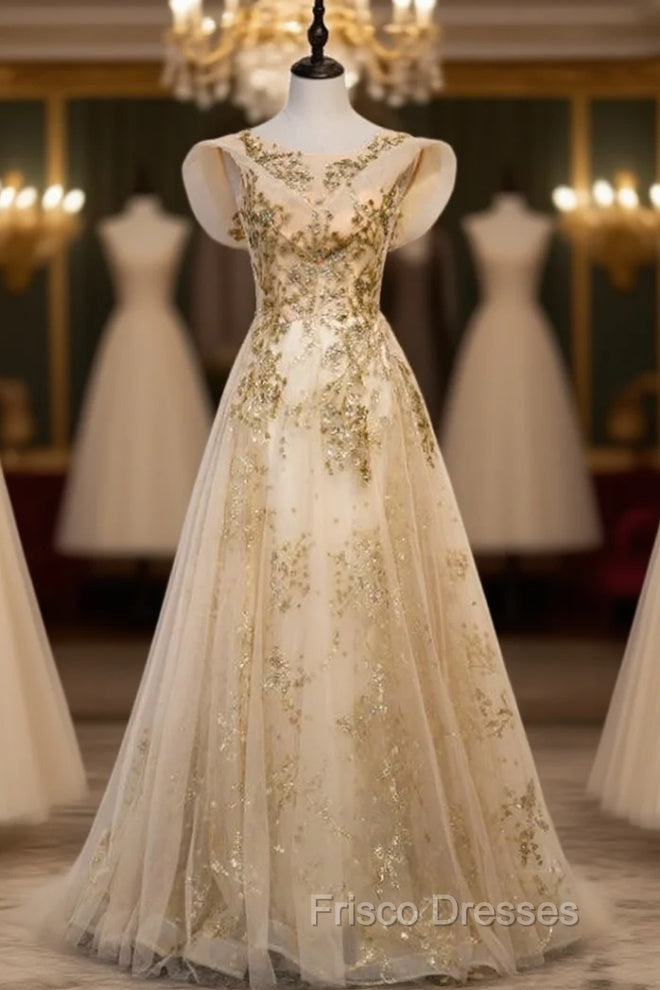 Gold Tulle Sequins Cap Sleeve Scoop Formal Prom Dress Main image