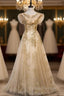 Gold Tulle Sequins Cap Sleeve Scoop Formal Prom Dress