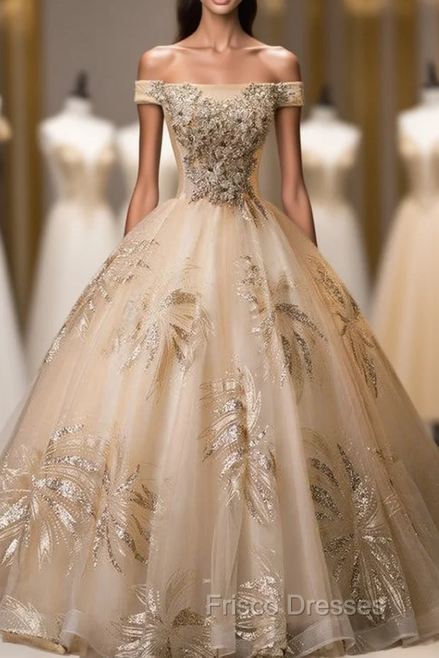Gold Tulle Sequins Off the Shoulder Appliques Quinceanera Dress Main image