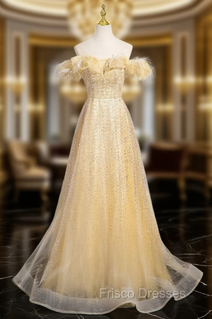 Gold Tulle Sequins Off the Shoulder Formal Prom Dress