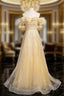Gold Tulle Sequins Off the Shoulder Formal Prom Dress