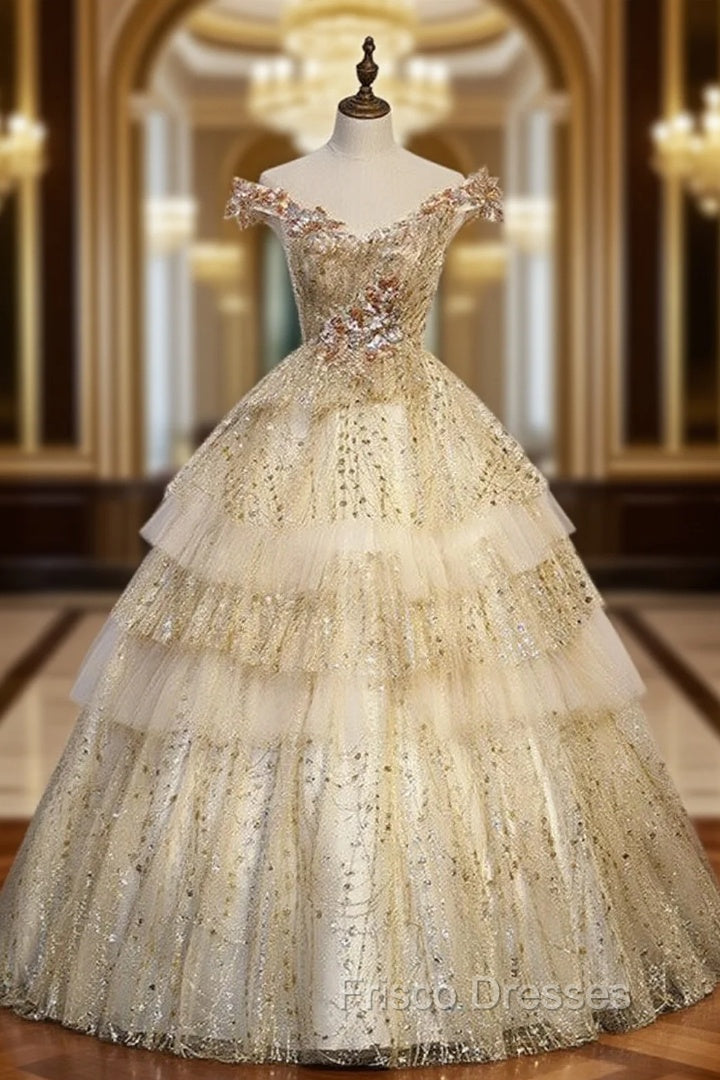 Gold Tulle Sequins Off the Shoulder Quinceanera Dress Main image